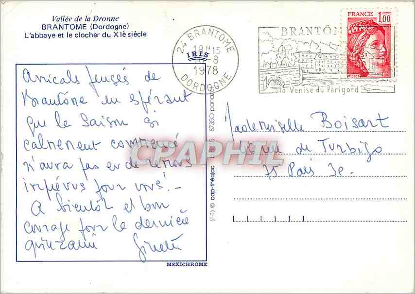 CPM Vallee de la Dronne Bratome (Dordogne) L'abbaye et le clocher du XIe s — Rückseite