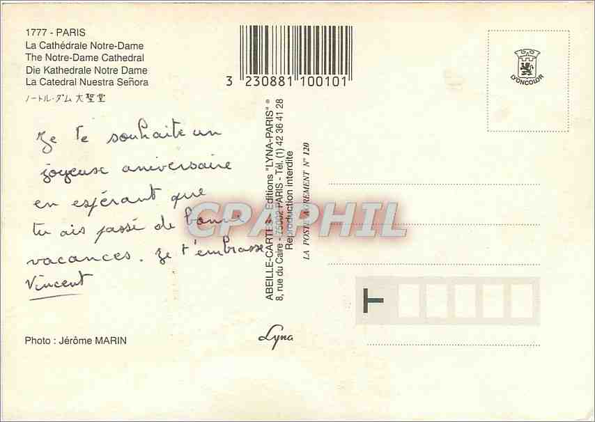 CPM Paris la Cathedrale Notre Dame — Rückseite