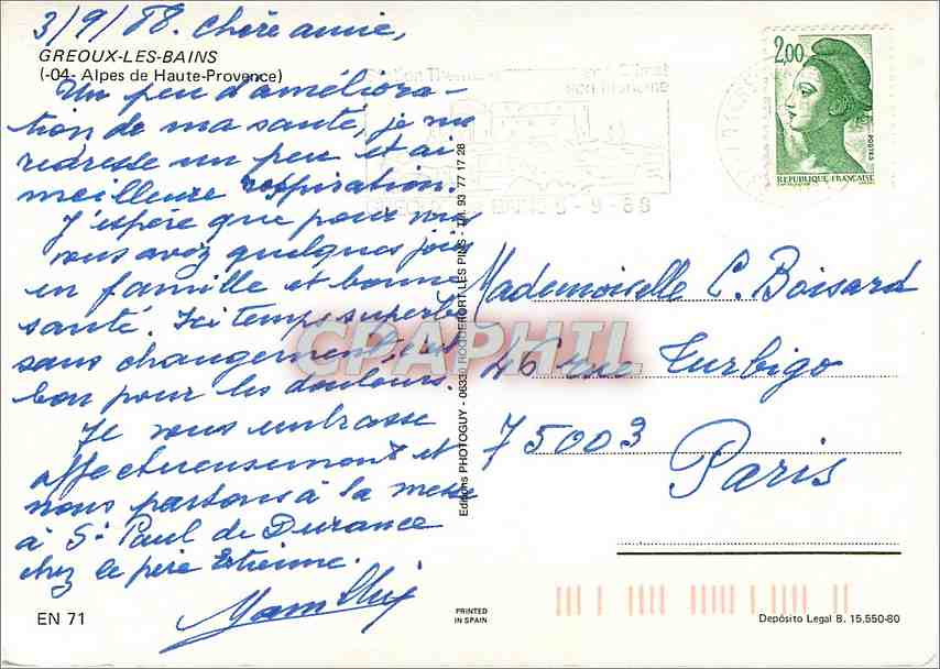 CPM Creoux les Bains (Alpes de Haute Provence) — Verso