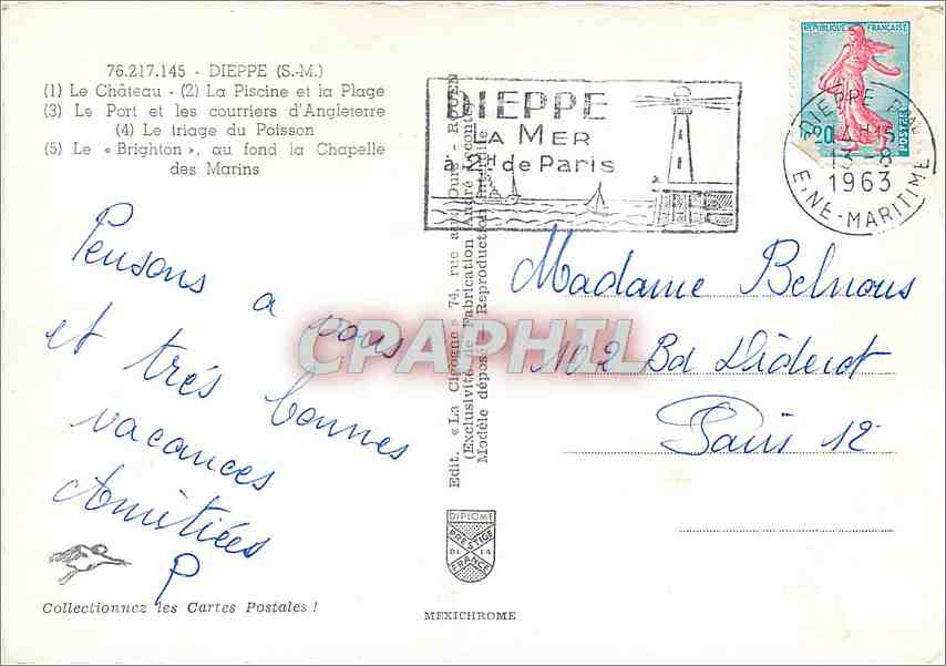 CPM Dieppe (S M) Le chateau la Piscine et la Plage le Port et les couriers d'Angleterre le riage du  — Rückseite