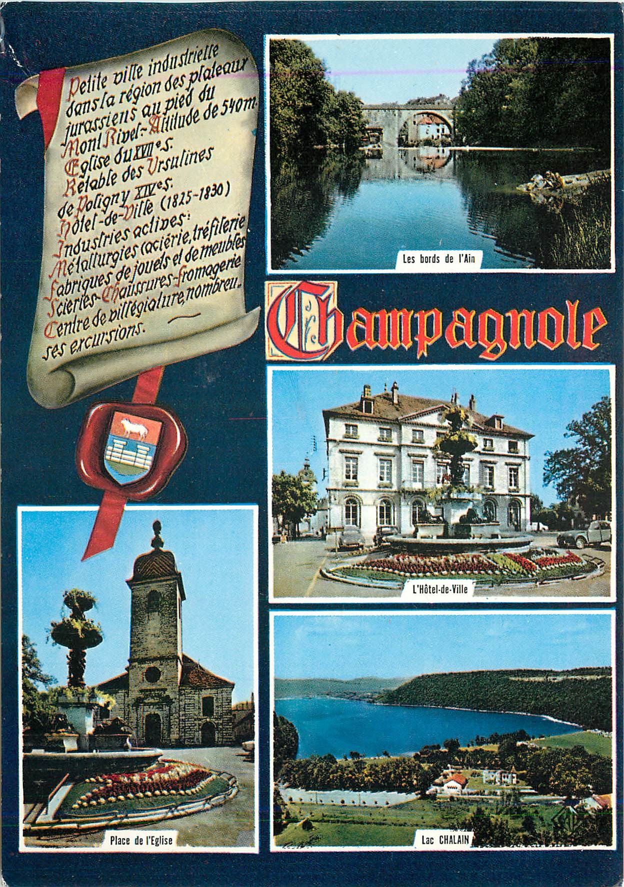 CPM Champagnole Les bords de l'Ain Place de l'eglise L'hotel de ville Lac Chalain