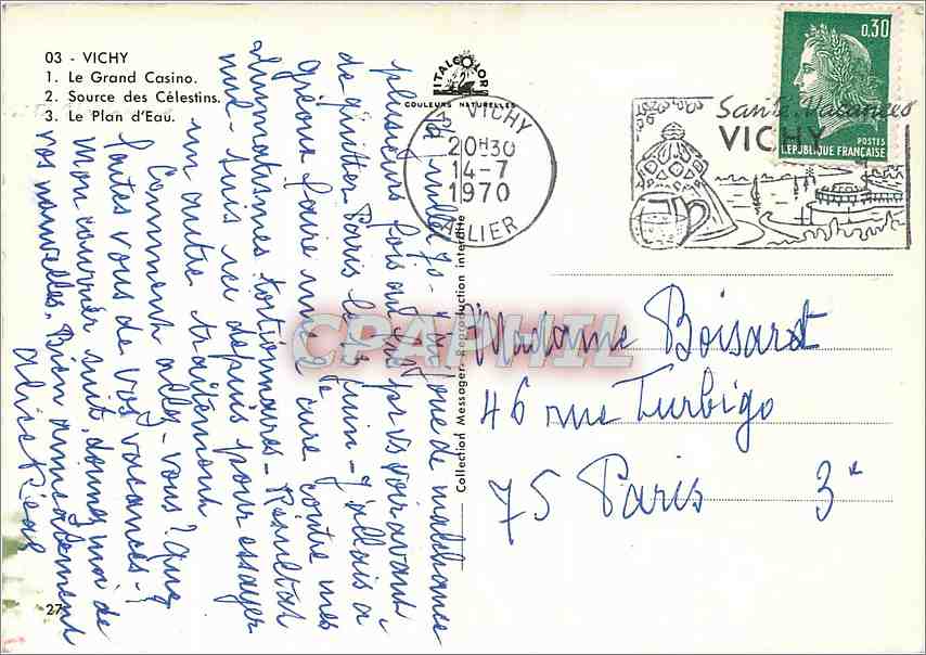 CPM Vichy le Grand Casino source des Celestin lePlan d'Eau — Verso