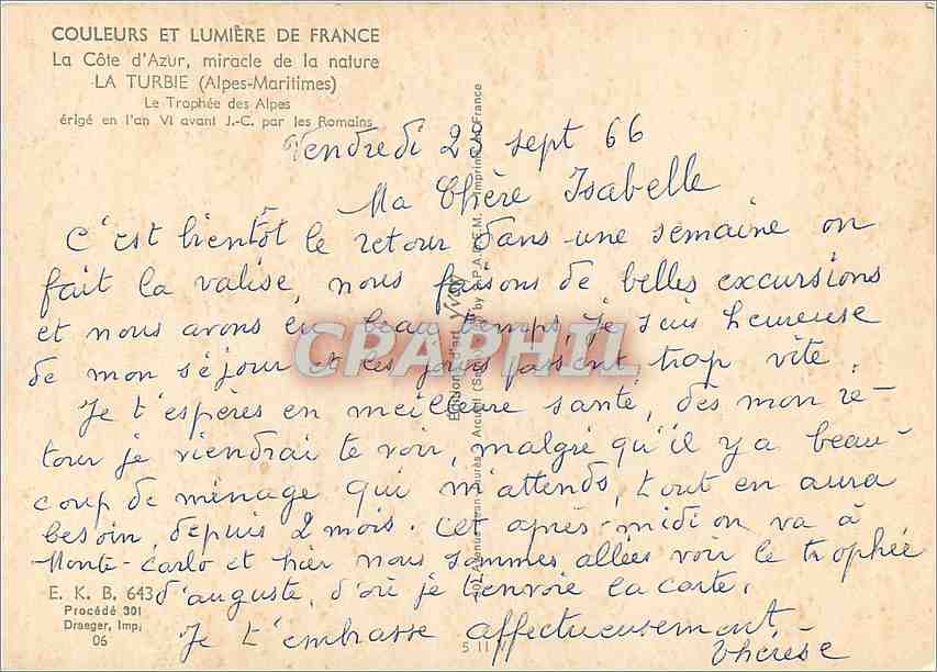 CPM La Cote d'Azur miracle de la nature la Turbie (alpes Mmes) le Trophee des Alpes erige en l'an VI — Rückseite