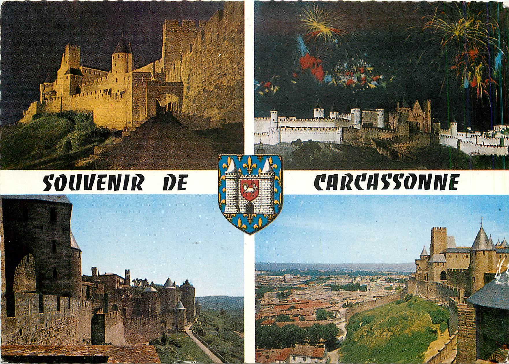 CPM Carcassonne Porte d'Aude et Tour Pinte feu d'artifice sur la Cite