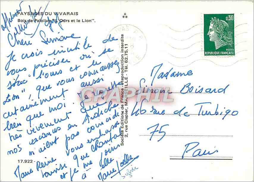CPM Paysages du Vivarais Bois de Paiolove l'Ours et le Lion — Rückseite