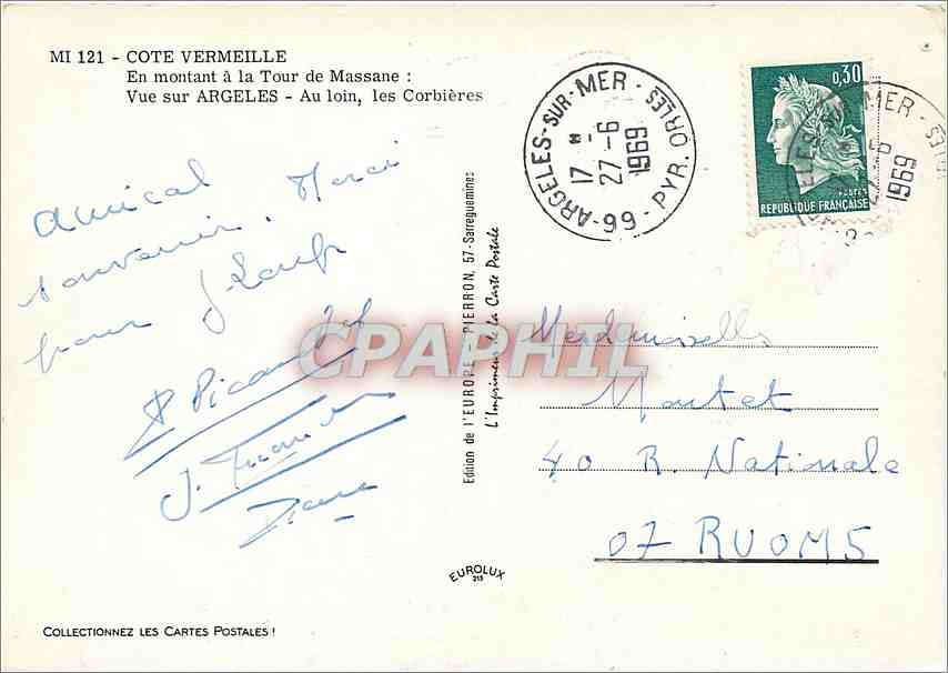 CPM Cote Vermeille En montant a la Tour de Massane Vue sur Argeles au loin les Corbieres — Rückseite