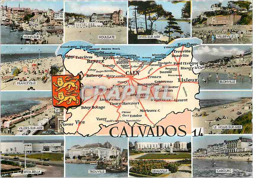 Calvados — Carte postale panoramique avec carte et vues de villes — Éditions Gaby