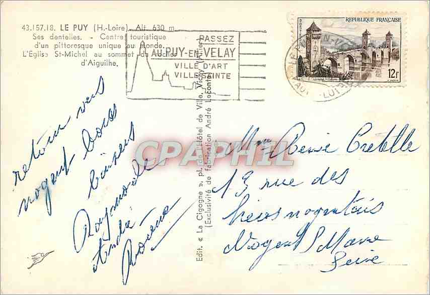 La Cigogne — Église Saint-Michel au sommet d'un rocher — Edit. « La Cigogne », pl. d'illustration André Lecomte, Série — Verso