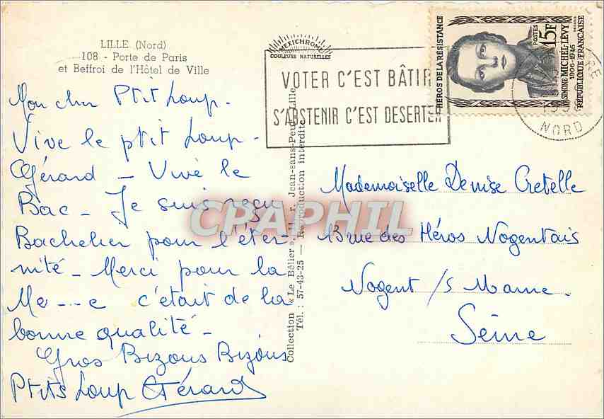 CPM Lille (Nord) Porte de Paris et Beffroi de l'Hotel de Ville — Rückseite