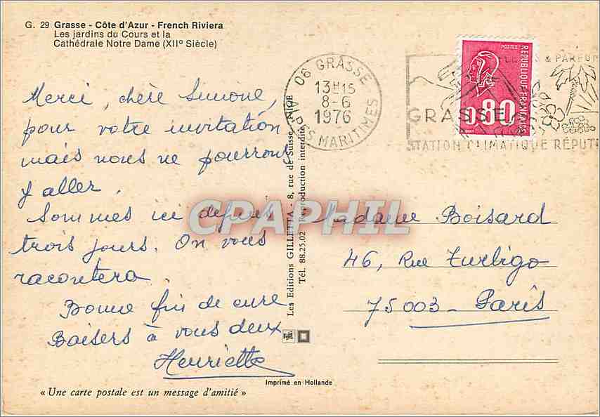 CPM Grasse Cote d'Azur French Riviera les Jardins du Cours et la Cathedrale N D (XIIe s) — Back