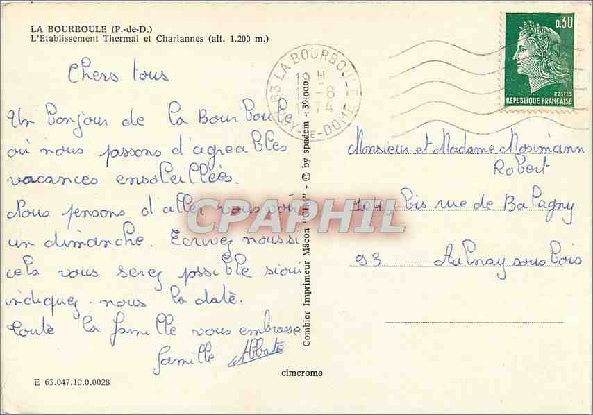 CPM La Bourboule (P de D) L'Etablissement Thermal et Charlannes (alt 1200 m) — Rückseite