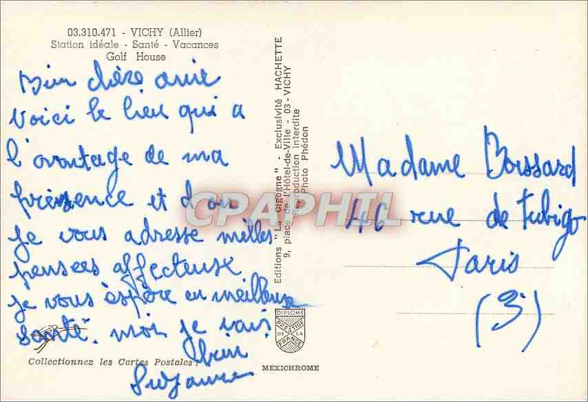 CPM Vichy (Allier) Station ideal Sante Vacances Golf House — Rückseite