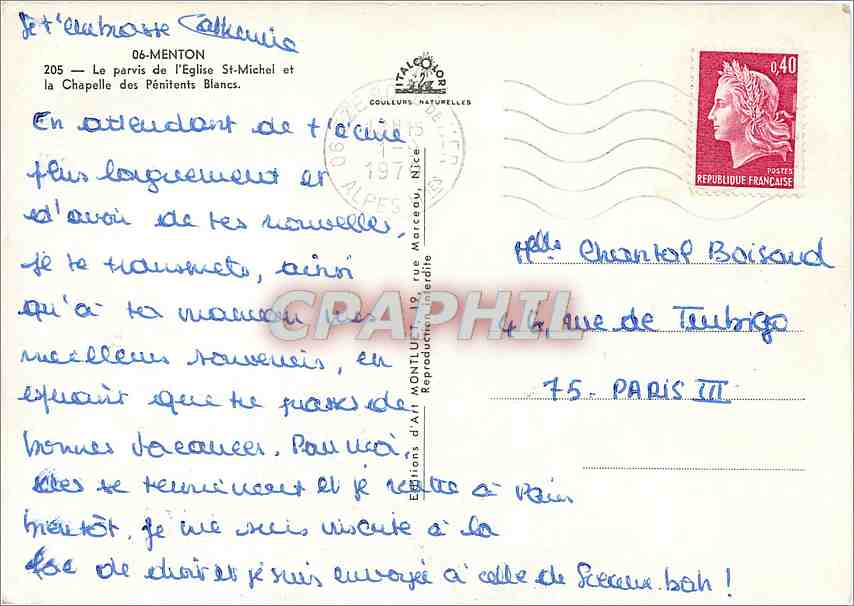 CPM Menton Le parvis de l'Eglise St Michel la chapelle des Penitents Blancs — Rückseite