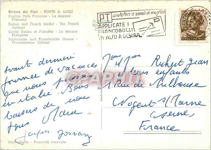 CPM Riviera dei Flori Ponte S Luigi Confis Italien et Francais la douane Francaise — Rückseite