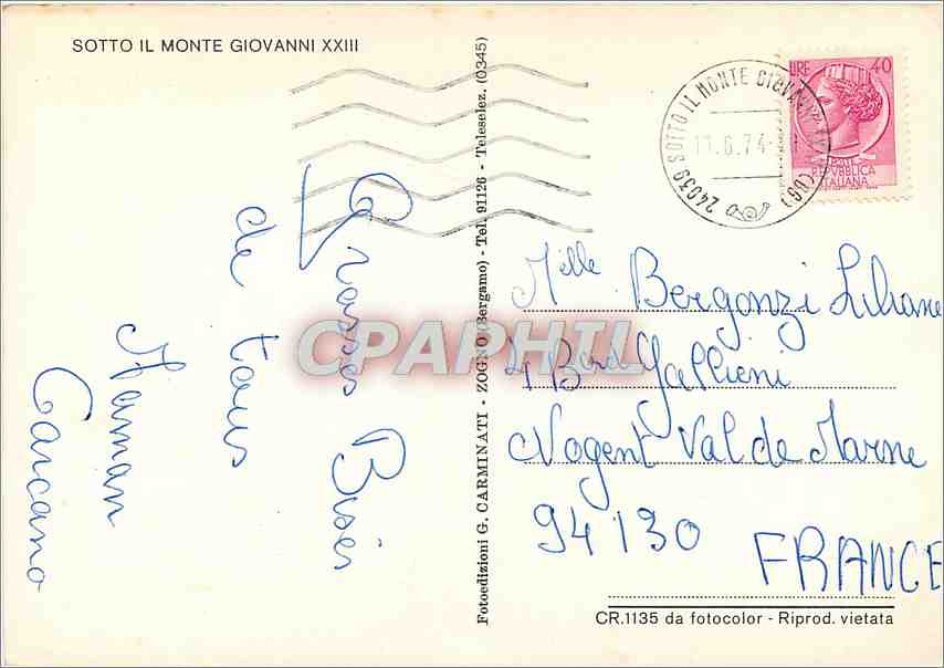CPM Sotto Il Monte Giovanni XXIII Pape — Rückseite