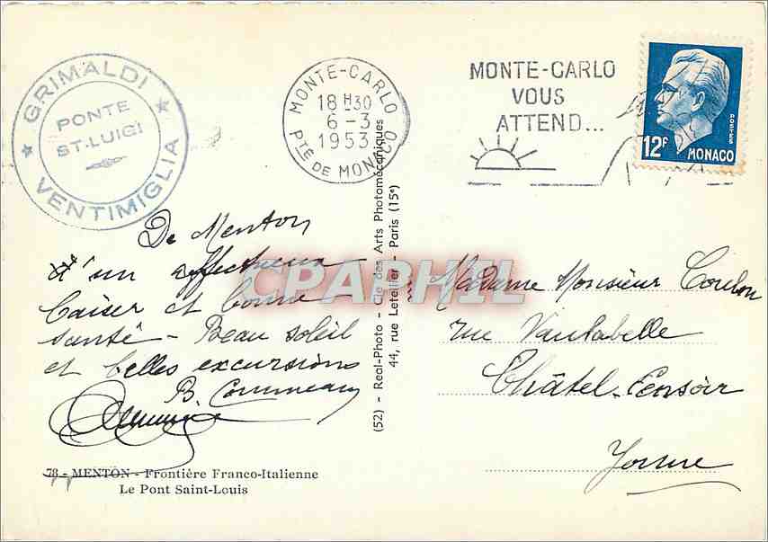CPM Menton Frontiere Franco Italienne Le Pont Saint Louis — Rückseite