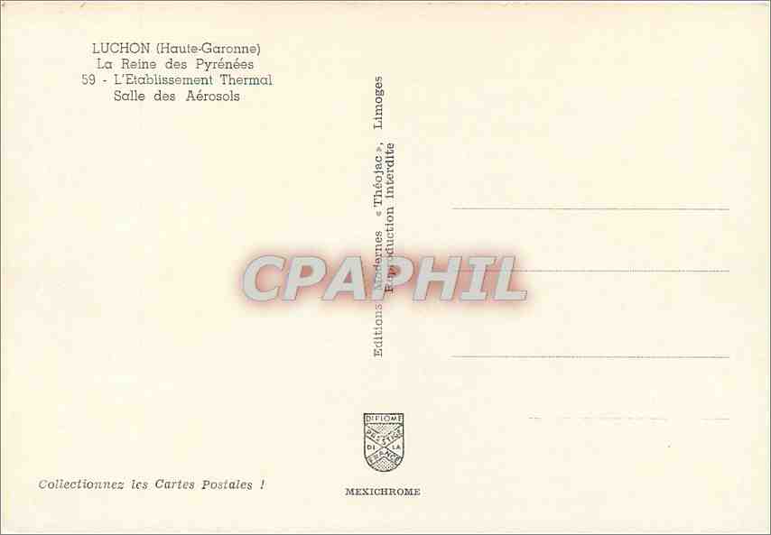 CPM Luchon (Hatue Garonne) La reine des Pyrenees l'Etablissement Thermal salle des Aerosols — Rückseite