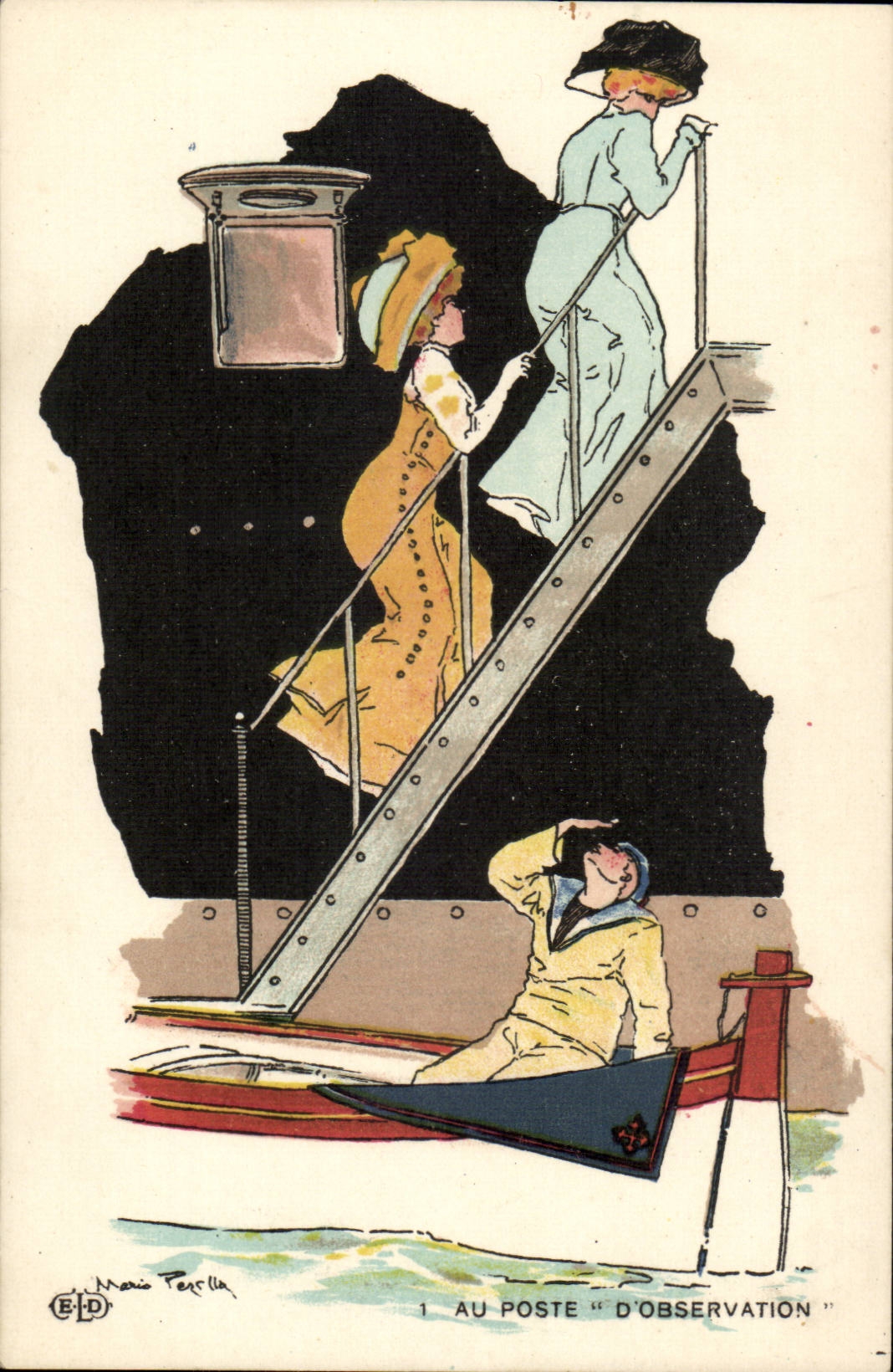 Marins-Fantaisie--Bateau- Illustration- Au Poste 'D'Observation' -CPA Illustrateur