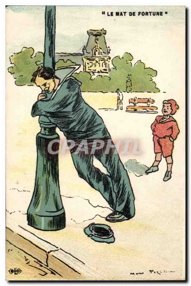 Marins-Fantaisie--Bateau- Illustration- Le Mat de Fortune -CPA Illustrateur