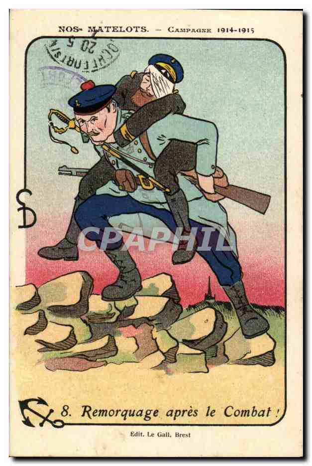 Marins-Fantaisie--Bateau- Illustration- Nos Matelos- campagne 1914-1915- Remorquage apres le Combat -CPA Illustrateur