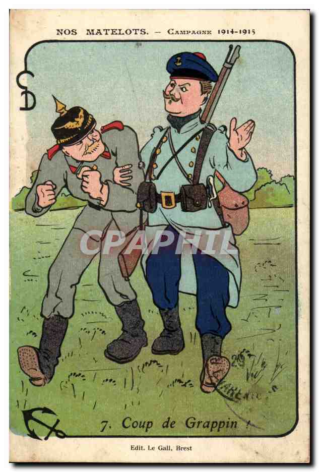 Marins-Fantaisie--Bateau- Illustration- Nos Matelos- Campagne 1914-1915- Coup de Grappin -CPA Illustrateur Militaria 