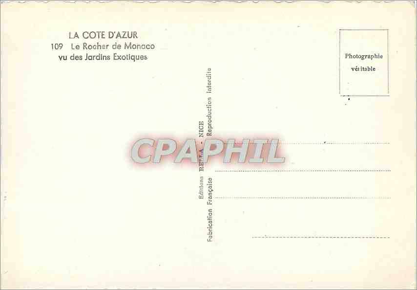 CPM La Cote d'Azur Le Rocher de Monaco vu des jardins Exotiques — Rückseite