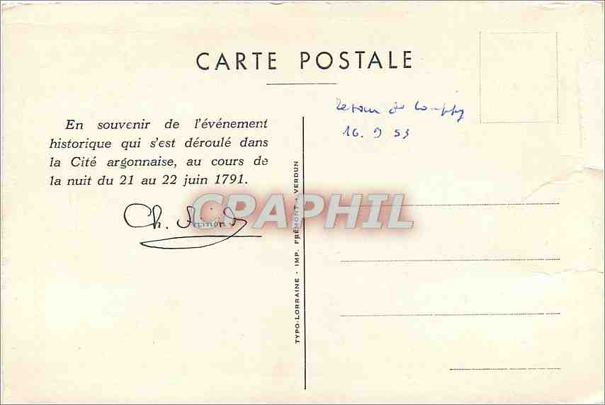 CPM Varennes en Argonne Stele erigee sur les ruines de la maison du Procureur Sauce — Back