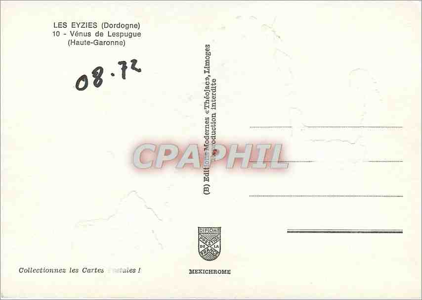 Les Eyzies (Dordogne) — Vénus de Lespugue — Éditions Modernes, Limoges — Rückseite