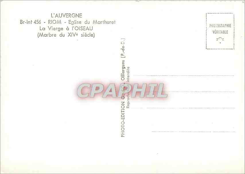 CPM L'Auvergne Riom Eglise du Marthuret la vierge a l'Oiseau (Marbre du XIVe s) — Verso