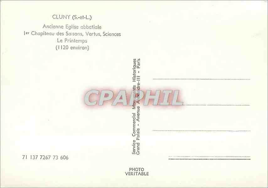 CPM Cluny (S et L) Ancienne Eglise abbatiale Ier chapiteau des Saisons Vertus Sciences le Peintemps  — Rückseite