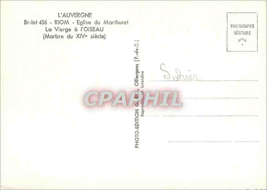 CPM L'Auvergne Riom Eglise du Marthuret la Vierge a L'Oiseau (Marbre du XIVe s) — Rückseite