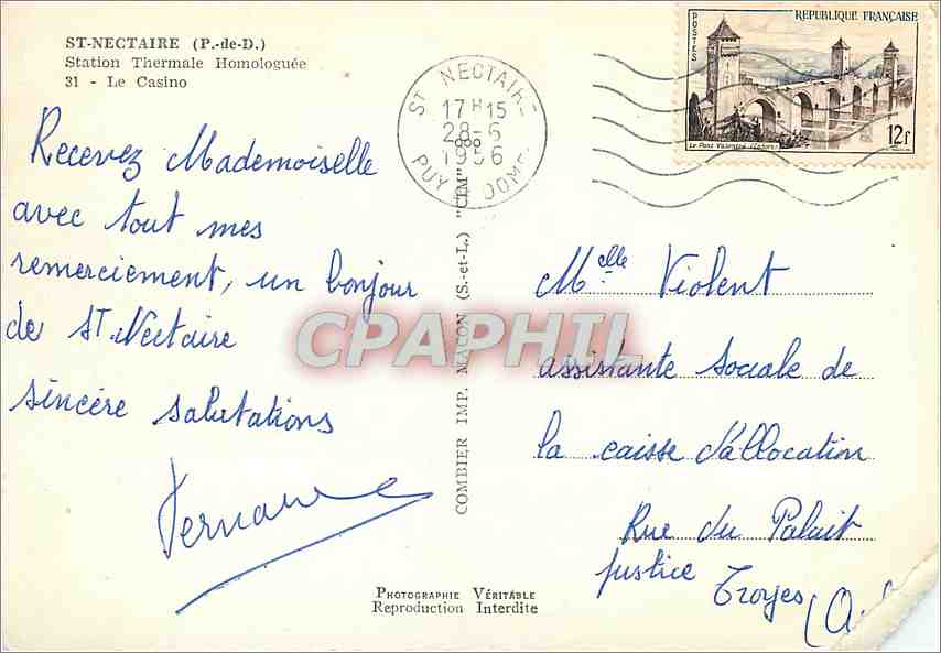 CPM St Nectaire (P de D) Station Thermale Homologuee le Casino — Rückseite