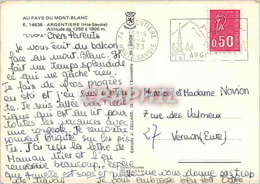 UCPA - Argentière (Haute-Savoie) — Éditeur J. Cellard — Back