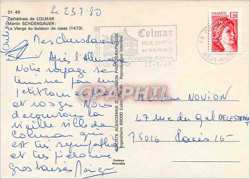 CPM Cathedrale de Colmar Martin Schoengauer La vierge au buisson de roses — Verso