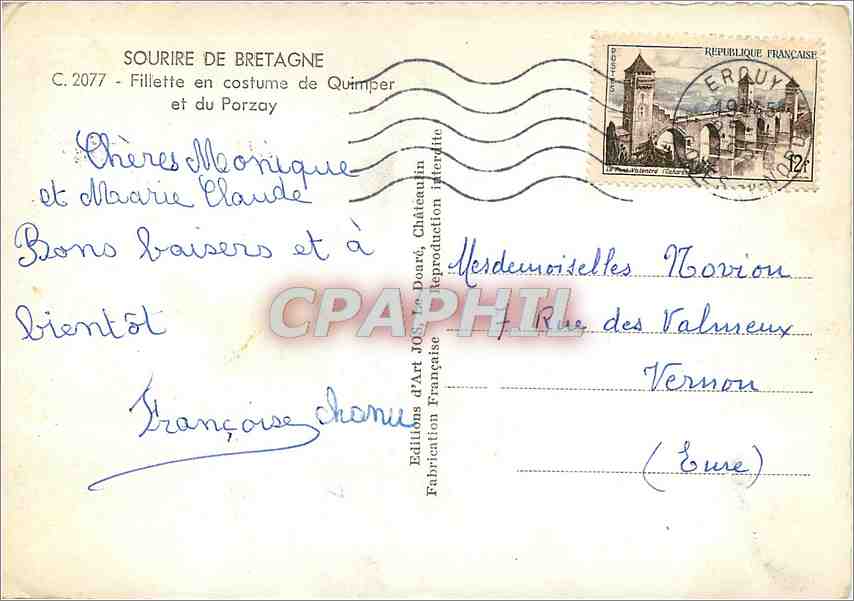 CPM Bretagne Filllette en costume de Quimper et du Porzay — Verso