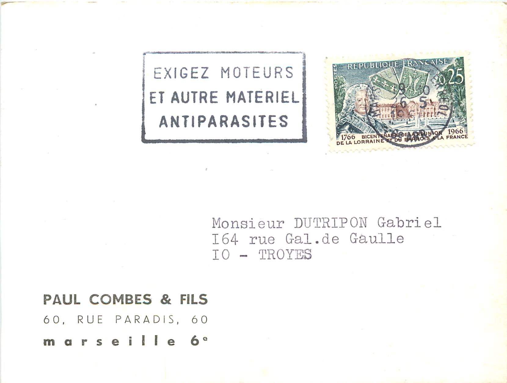 Carte Paul Combes et Fils marseille Flamme Exigez Moteurs et autre materiel Antiparasites 1966