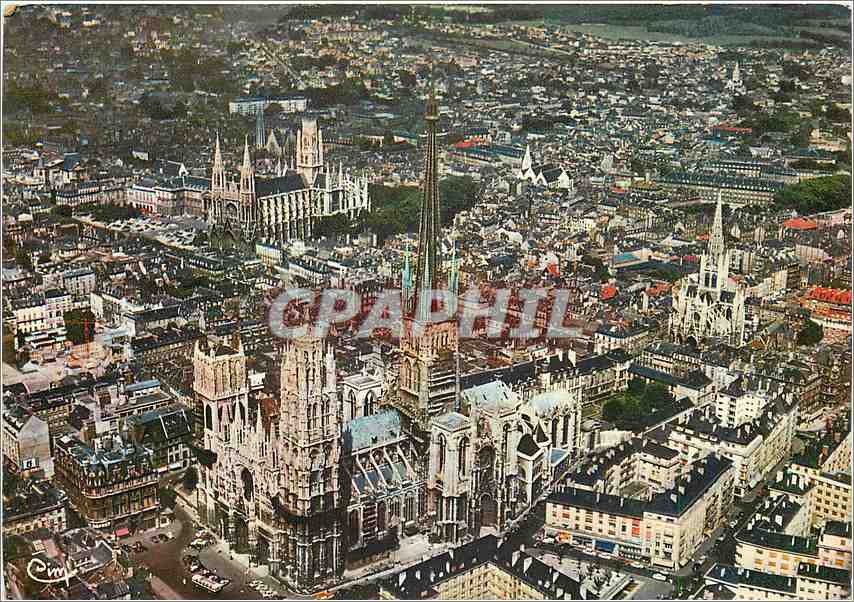 CPM En Avion en Rouen Les Trois Eglise La Cathedrale St Maclou et St Quen