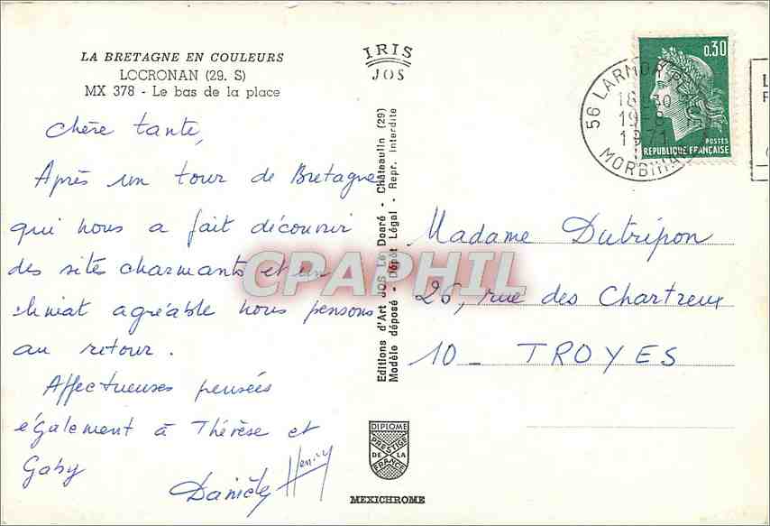 CPM La Bretagne en couleurs Locronana Le bas de la place — Rückseite