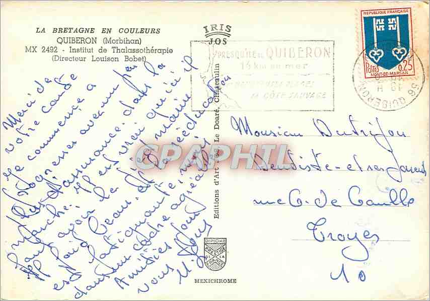 CPM La Bretagne en Couleurs Quiberon (Morbihan) Institut de Thalassotherapie (Directeur Louison Bobe — Rückseite