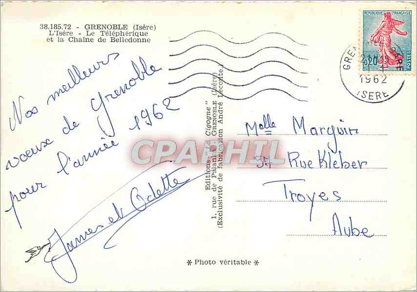 Grenoble — vue sur l'Isère et la Chaîne de Belledonne — Éditions 'La Cigogne' — Verso