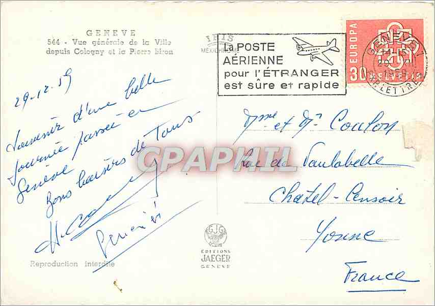 CPM Geneve Vue generale de la ville depuis Cologny et le Pierre — Verso