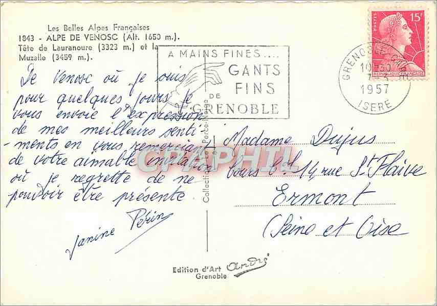 Les Belles Alpes Françaises — Tête de Lauranoue (3459 m.) et Alpe de Venosc (3323 m.) — Édition d'Art Grenoble — Rückseite