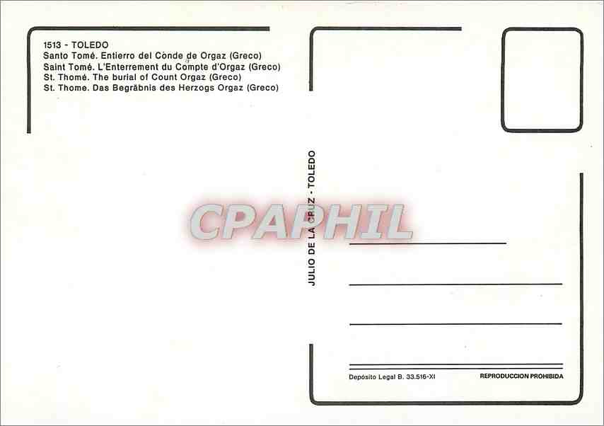CPM Toledo Saint Tome L'enterrement du Compte d'Orgaz (Greco) — Back