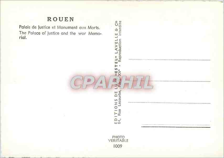 CPM Rouen Palais de justice et Monument aux Morts — Verso