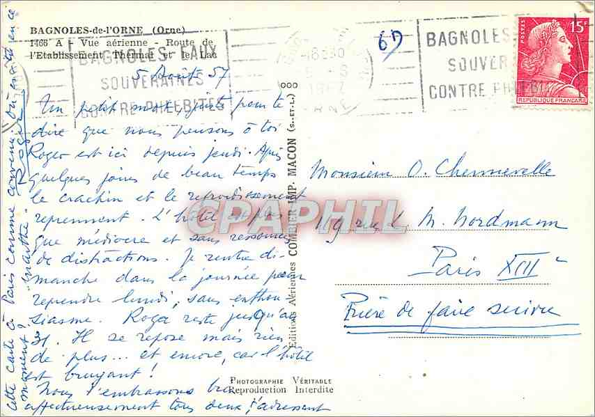 CPM Bagnoles de l'Orne) Vue aerienne Route de l'Etablissement thermal et le Lac — Verso