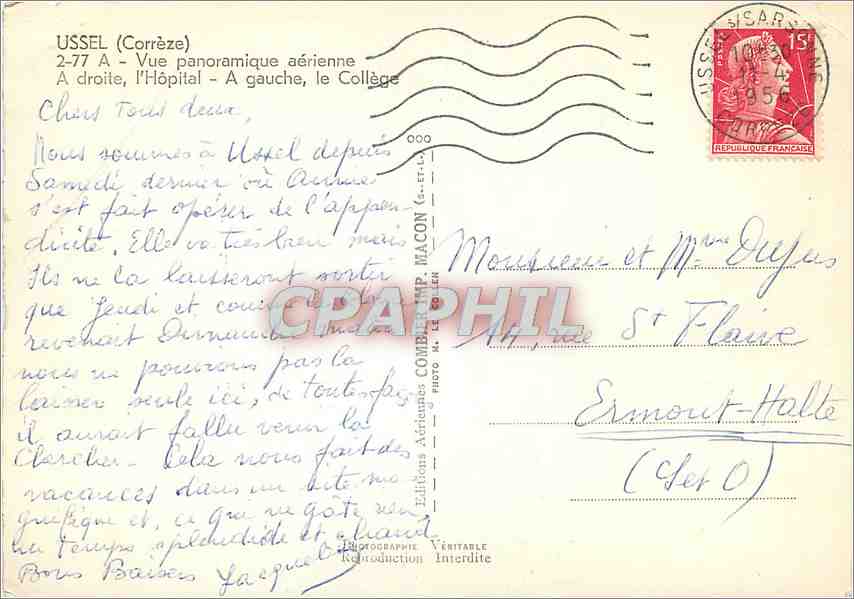 CPM Ussel (Correze) Vue panoramique aerienne a droite l'Hopital a gauche le college — Rückseite
