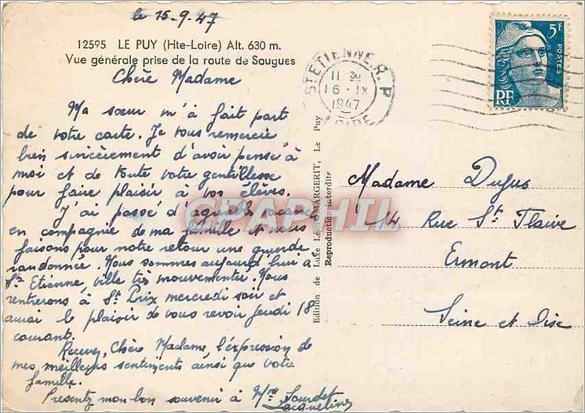 Le Puy-en-Velay — vue générale prise de la route de Saugues — Édition EJNO — Verso