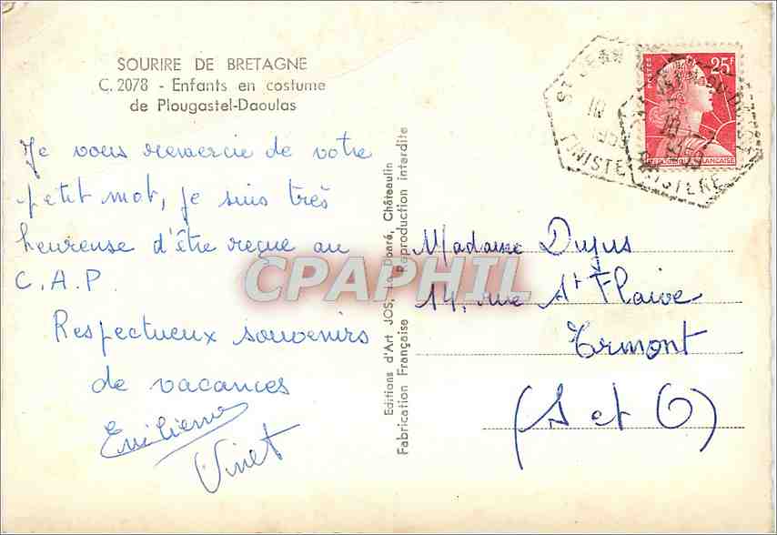 Enfants en costume breton — Sourire de Bretagne — Éditions d'Art JOS, Châteaulin — Rückseite