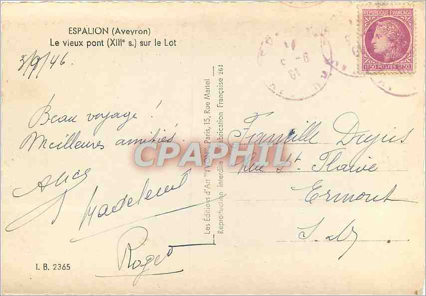 CPM Espalion (Aveyron) Le vieux pont (XIIIe s) sur le Lot — Rückseite