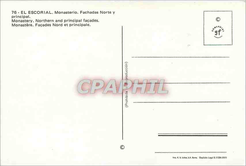 CPM El Escorial Monasterio Fachadas Norte  y principal — Rückseite